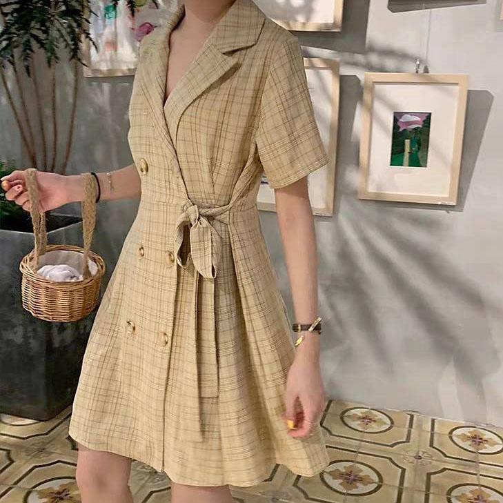 Female Plaid Suit Collar Short Sleeve Vintage Holiday Dress Summer Loose Medium Length Elegant Slim Dress