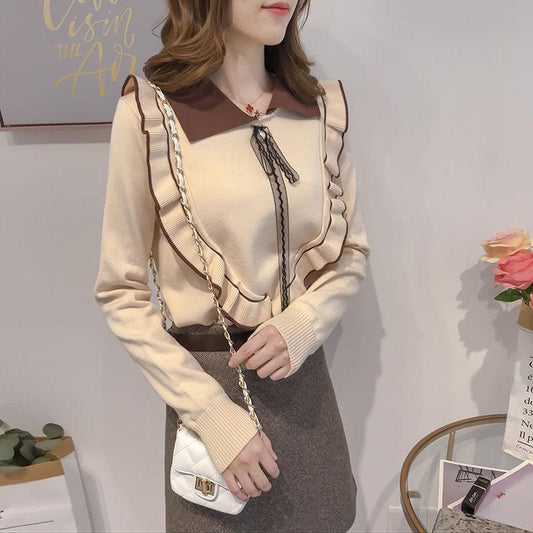 Pofulove sweater women's new Korean sweater loose lapel autumn and winter fungus sweet college style