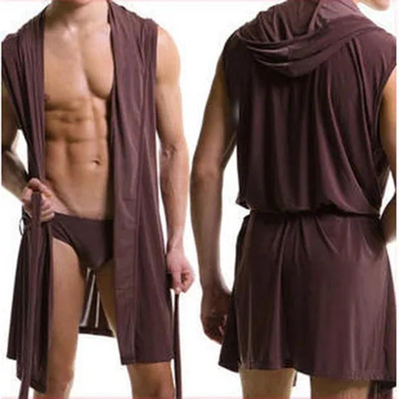 European Version Men's Bathrobe Men's Sleeveless Silky Pajamas Men's Hooded Nightgown Bathrobe Men's Ultra-thin Homewear