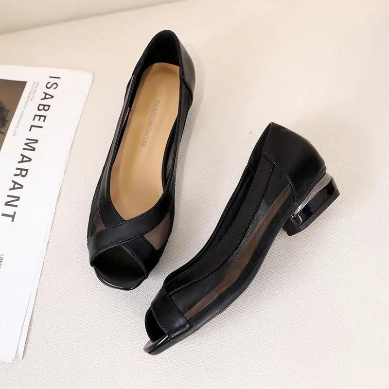 Mesh Sandals Women's Fashion All-match Single Shoes Summer Low-heel Soft Leather Fish Mouth Women's Shoes Summer Flat Shoes