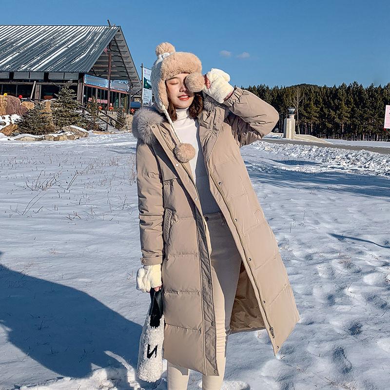 Fashion Trend Long Hooded Simulation Fur Collar Women's Down Jacket Autumn and Winter Plus Velvet Thickening Warm White Duck Down Jacket