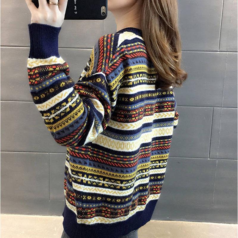 Winter Women Colorful Striped Pullover Sweater Casual Jumper O-Neck Long Sleeves Female Sweater