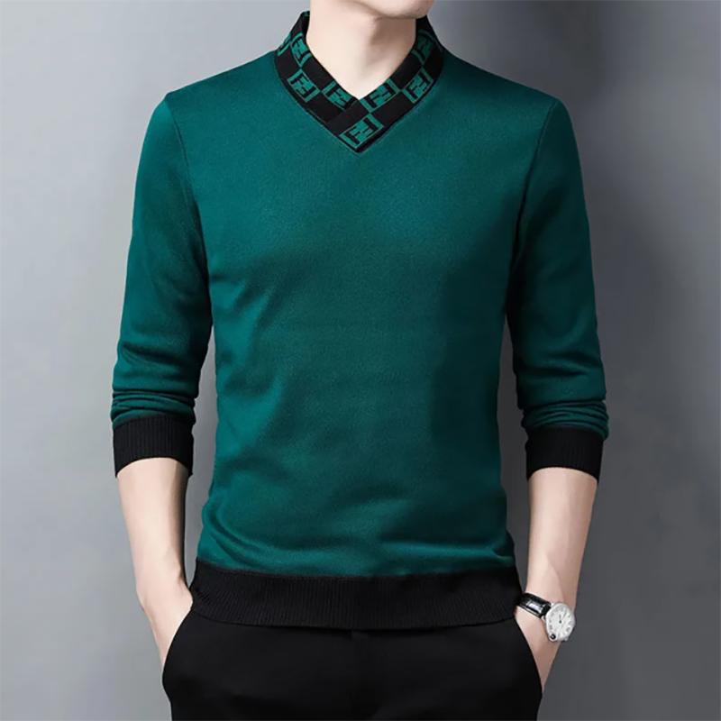 Men's Autumn and Winter V-neck Sweatshirts Thickened Knit Sweater Pullover Warm Bottoming Sweater for Men