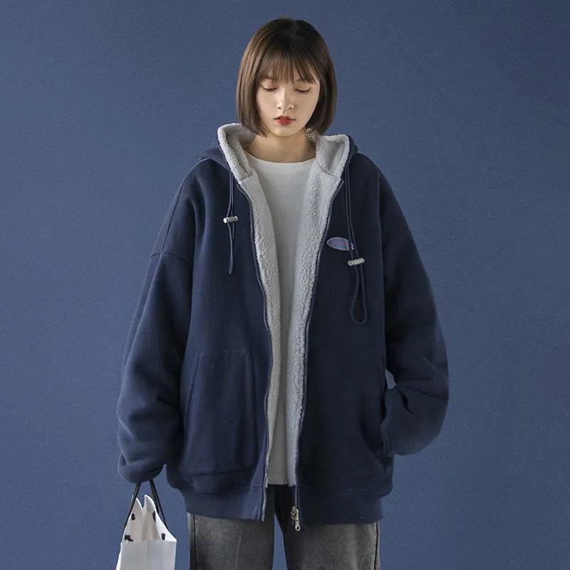 Retro Plus Size Lamb Wool Coat Plus Velvet Winter Oversize All-match Coat Ladies Zipper Cardigan Loose Hooded Sweater
