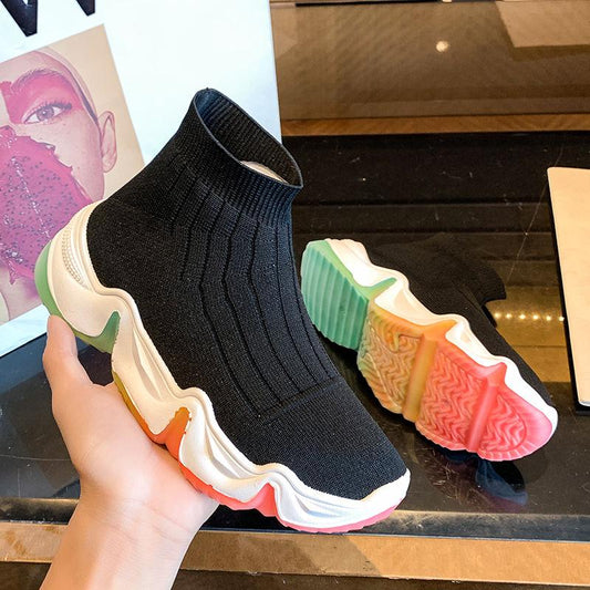 Spring and Summer Breathable Stretch Socks Shoes Women's High-top Ankle Boots Korean Style All-match Knit Boots