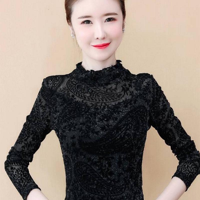 Pofulove Plus Women's Long Sleeve Mesh In Winter Fashion Velvet Half Turtleneck Bottoming Shirt