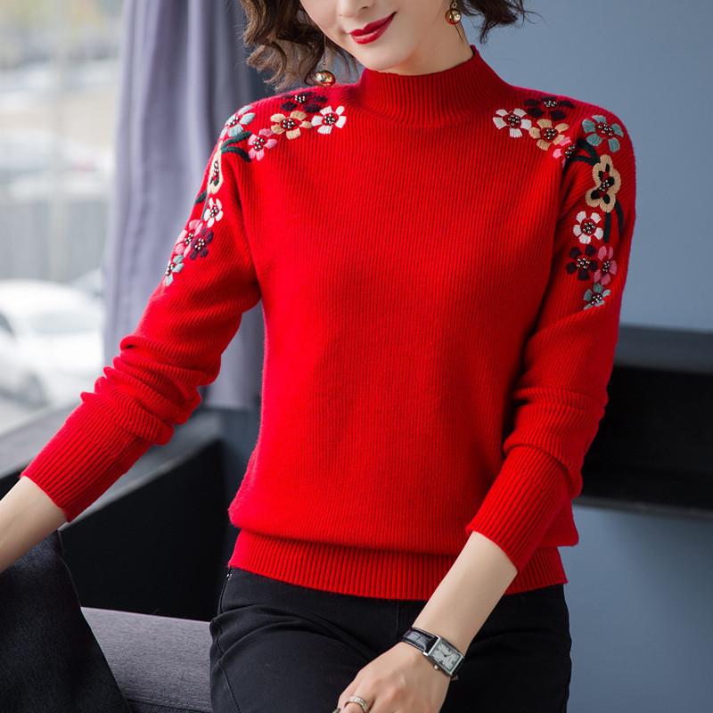 Sweater Women's Half Turtleneck Pullover Knitwear Top Embroidered Loose Pure Color Trending Sweater Autumn and Winter Lady Style