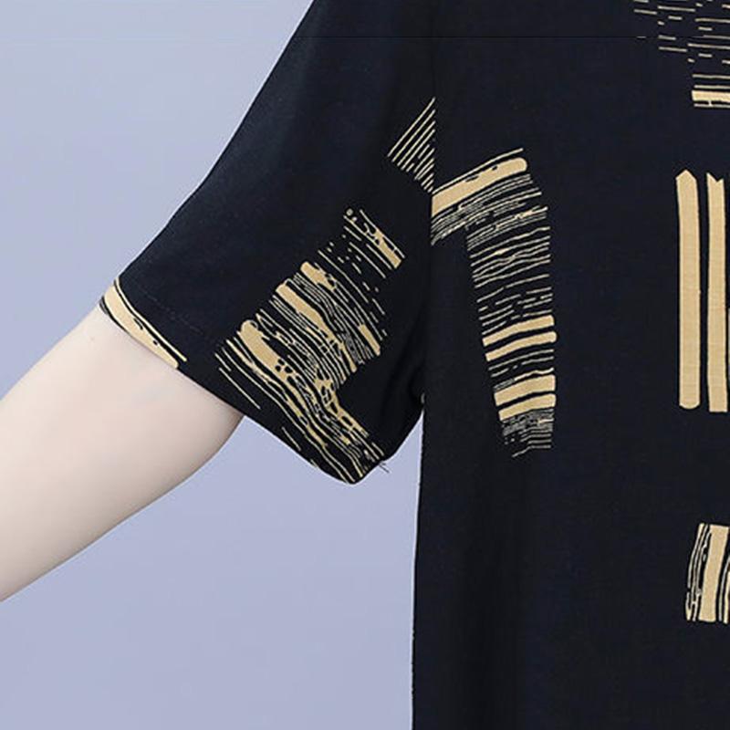 Black Printed Large Size Women's Summer Suit Casual Age-reducing Wide-leg Pants + Short-sleeved Round Neck Shirt Two-piece Set