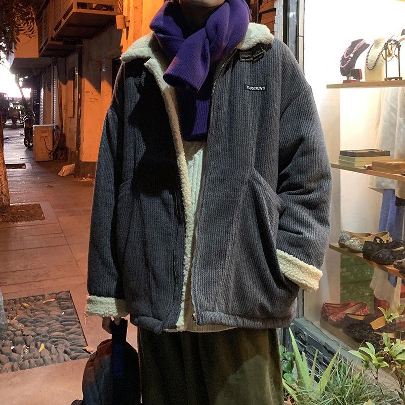 Lamb Wool Coat Men's Ins Style Korean Version of The Trend Plus Velvet Thickening Couple Cotton Winter Short Lapel Corduroy Cotton Coat