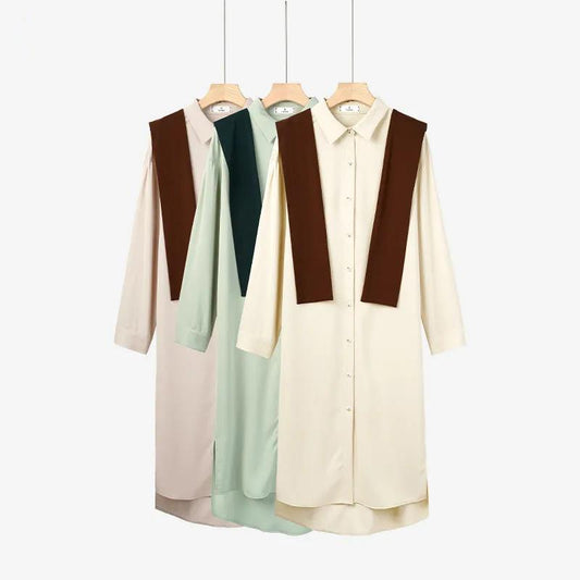 2021 Early Spring and Autumn Shirt Dress Women Loose and Thin Western Style Mid-length Outer Shawl Two-piece Suit