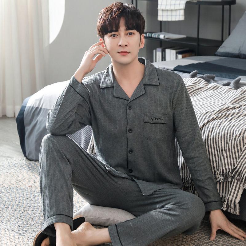 100% Double-sided Cotton Pajamas Men's Long-sleeved Spring, Autumn and Winter Young and Middle-aged Casual Plus Size Winter Home Service Suits