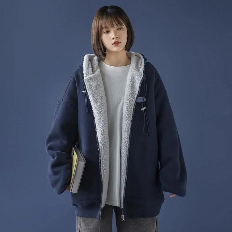 Retro Plus Size Lamb Wool Coat Plus Velvet Winter Oversize All-match Coat Ladies Zipper Cardigan Loose Hooded Sweater