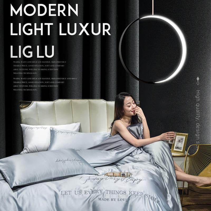 Silky Nude Sleeping Ice Silk Four-piece Set Pure Color Washed Silk Bed Sheet Duvet Cover Pillow Case Bedding