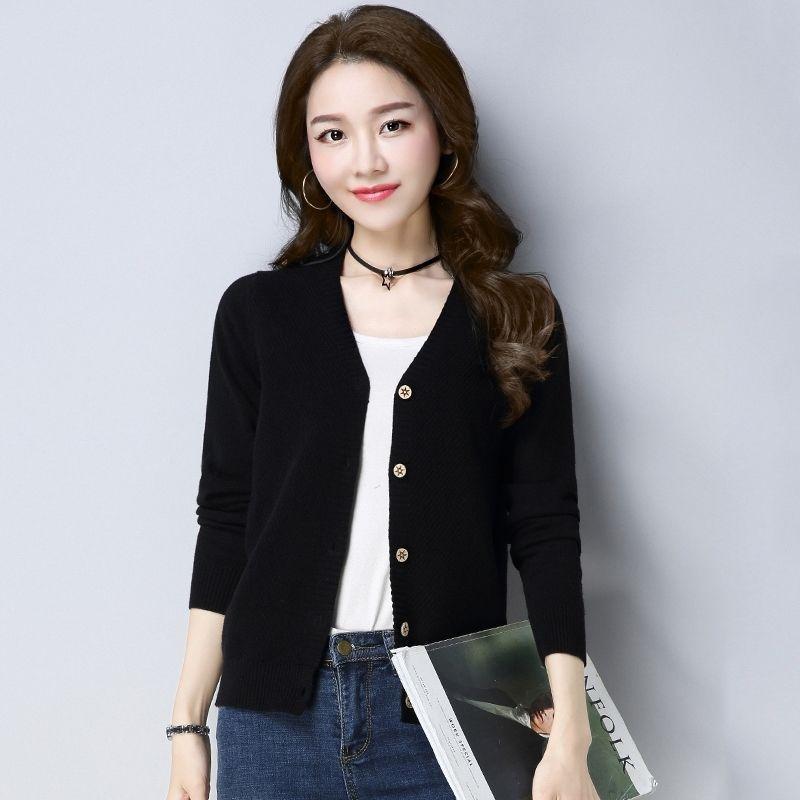 Spring and Autumn Knit Solid Color Cardigan Long Sleeve V-neck Sweater Short Solid Color Coat