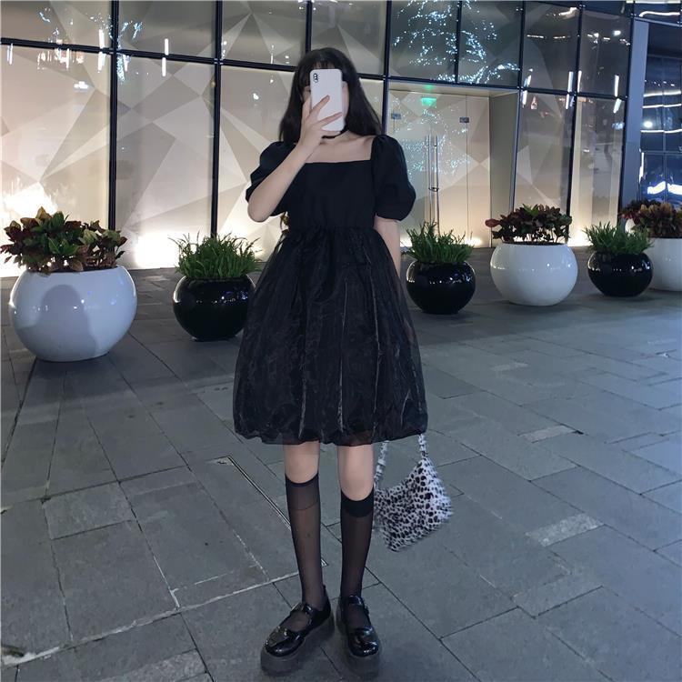 Woman Square Collar Puff Short Sleeves Black and White Fairy Skirt Lace Yarn Tutu Skirt Dress Wedding Bra