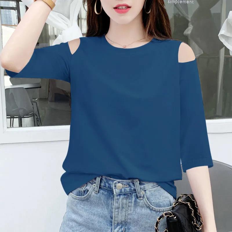 Lady  Summer  Concise  Sweet Style Round-Neck Flower Sleeve Pure Color Fashion Casual Loose T-shirt