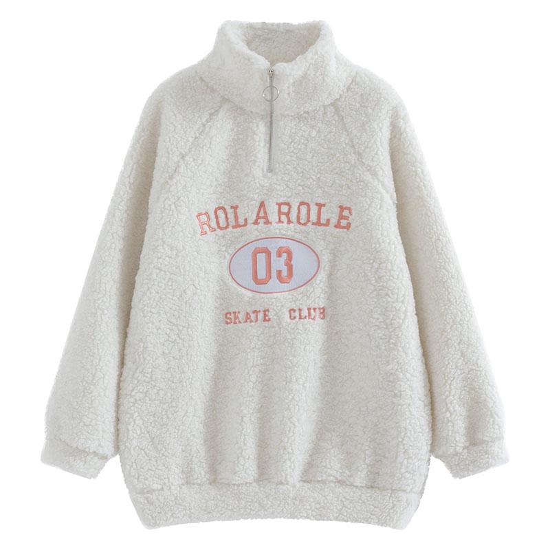 Hoodless High-neck Lamb Wool Sweater Women Winter Thick Loose Letter Coat Embroidered Warm Top