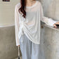 Fall Women's Hollow out Bandage Round O-neck Autumn Long Sleeve Casual Loose T-shirt Blouse Pure color Leisure Tee