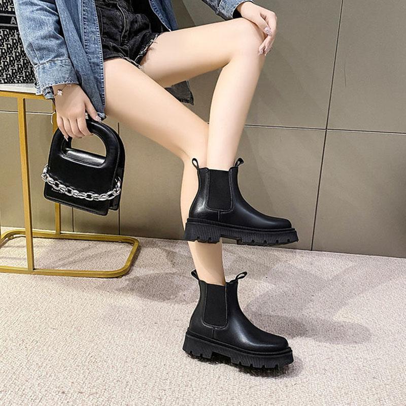 New Women Boots Pu Leather Autumn Women's Ankle Boots Ladies Fashion Shoes Non-Slip Platform Slip on Female Boot