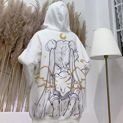 Japan Anime Printed Hoodies Women White Pink Fashion Oversized Streetwear Harajuku Sweatshirt Winter Fleece Pullover Tops Plus Size Loose Clothes