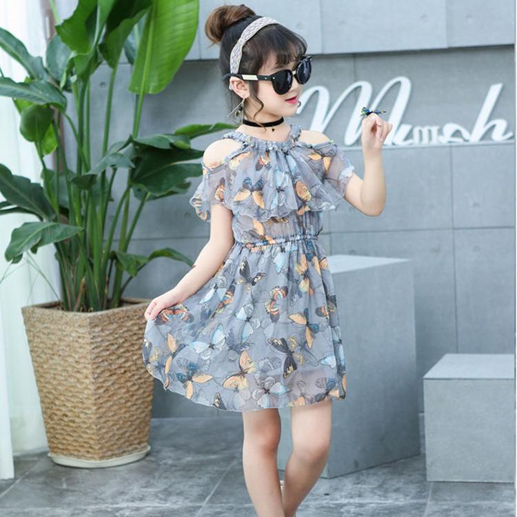 Children's Fashion Dress Girl Casual Off Shoulder Halter Above Knee Dresses Korean Girl's Dress Beach Dress Fold Print Butterfly