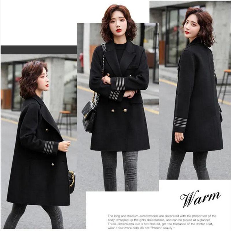 Fashion Winter Jacket Women's Double Breasted Mid-length Wool Coat Solid Color Loose Female Woolen Jacket Plus Size S-XL