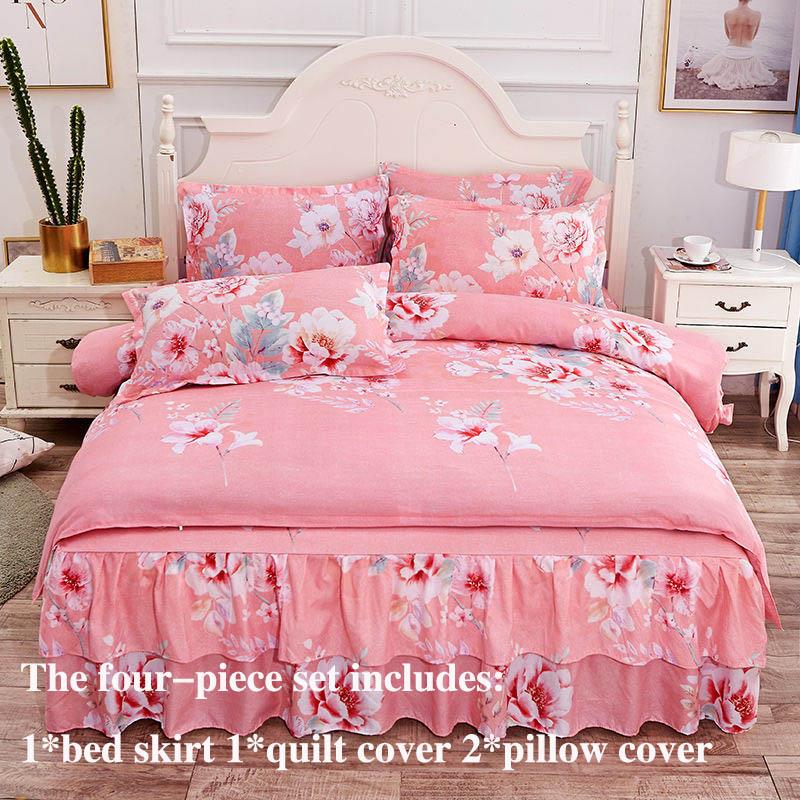 Four-piece Bed Skirt Printed Bedding Skin-friendly Sanding Quilt Cover Pillowcase Bilateral Bed Skirt Set