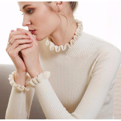 Pofulove Half Turtleneck Sweater Female Lotus Leaf Collar Lace Sleeve Bottoming Slim Winter Pullover