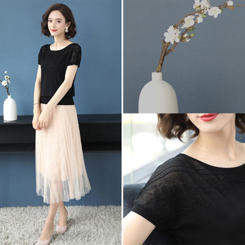Ice Silk Sweater T-shirt Short-sleeved Women's Loose Summer Cool Set T-shirt Short Top Thin Ladies Hollow