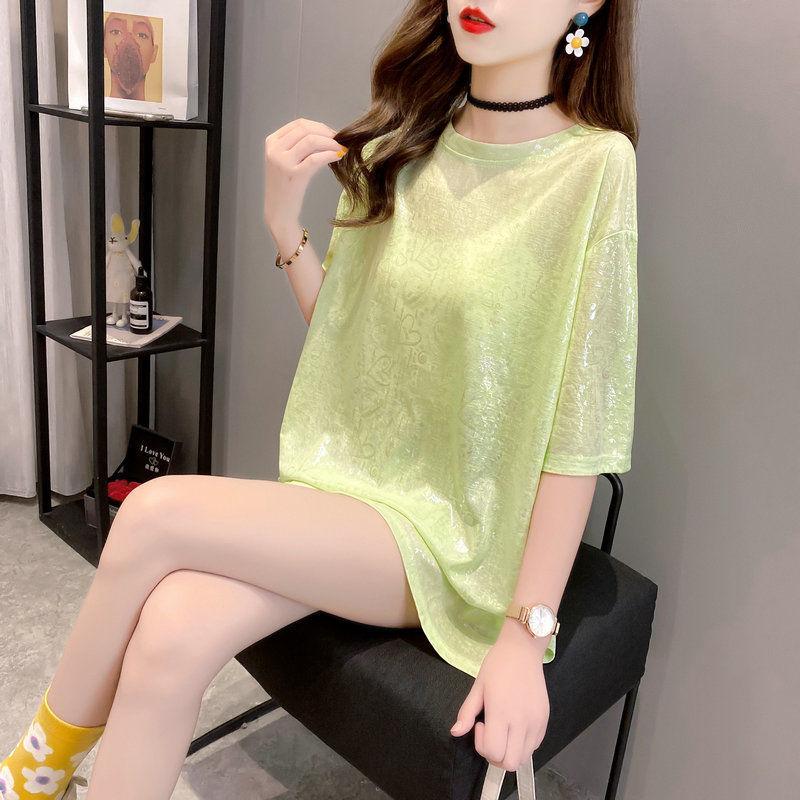 Ice Silk Loose Short-sleeved T-shirt Printing Glittering Half-sleeved Top Women Loose Round Neck Casual Pullover T-shirt Women