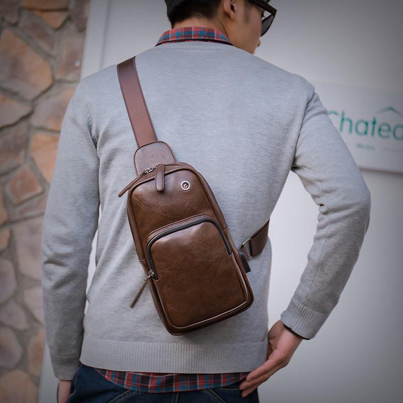 Chest Bag Men Coffee Large Capacity with Headphone Hole Shoulder Bag Outdoor Sports Pockets