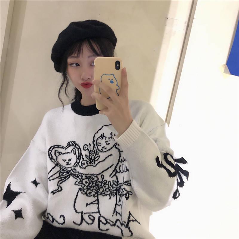 Pofulove Sweet Fresh Autumn Winter College Style Loose Hedging Round Neck Student Knitted Sweater