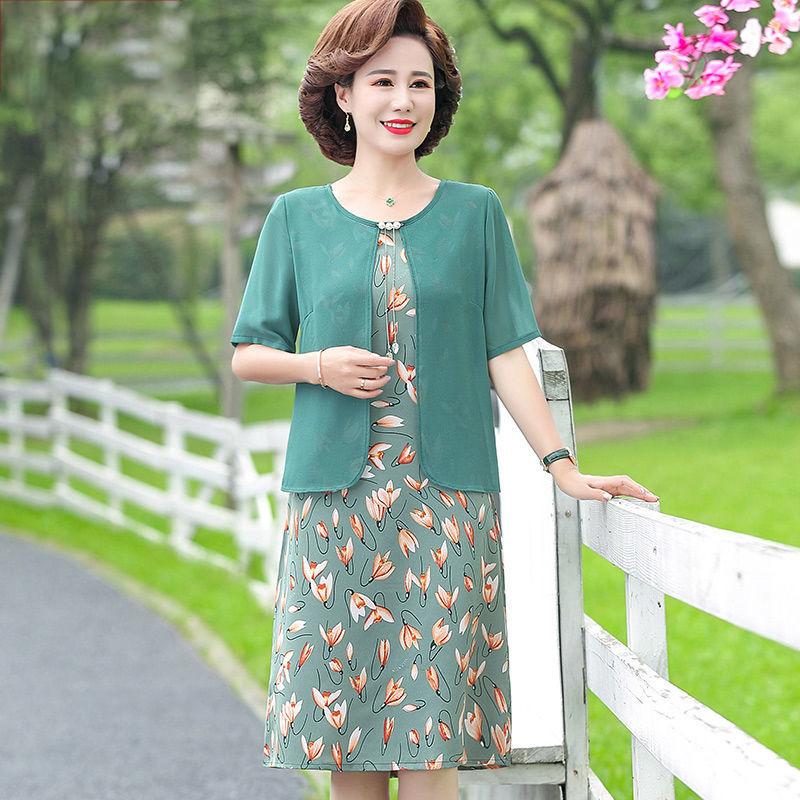 Middle-aged Mother XL-XXXXXL Women's Summer Dress Chiffon Veil Short Sleeve Round Neck Printing