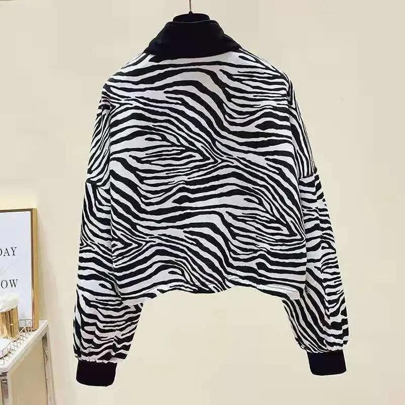 Women's Clothing Sweatshirts Spring Autumn Loose Half Zipper Stand-up Collar Female College Style Zebra Pattern Cropped Top