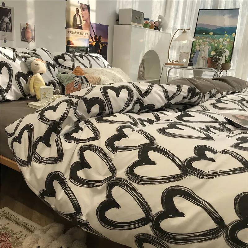 Washed Cotton Four-piece Duvet Cover Sheets Fashion Printed Bedding Student Dormitory Single Bed Sheet Sheets