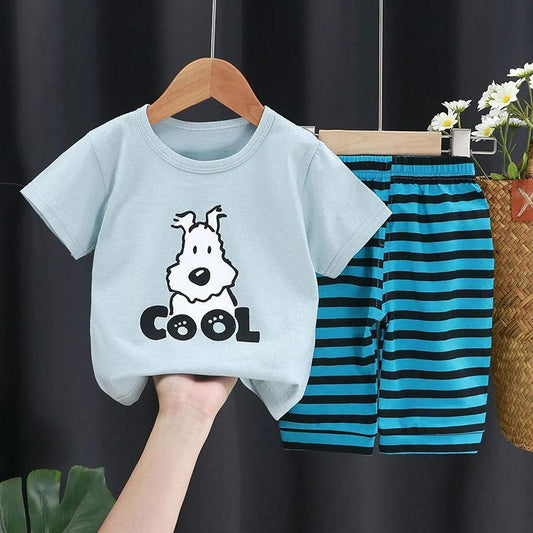 Cartoon Cotton Short-sleeved Suit Summer Children's Half-sleeved Shorts + Round Neck Short-sleeved T-shirt Comfortable Sweat-absorbing and Breathable