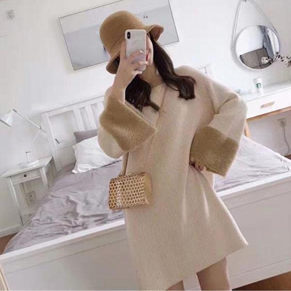 Casual Style Round Neck Sweater Mid-length Loose Knit Jacket Fashion Simple Young Women Base Skirt