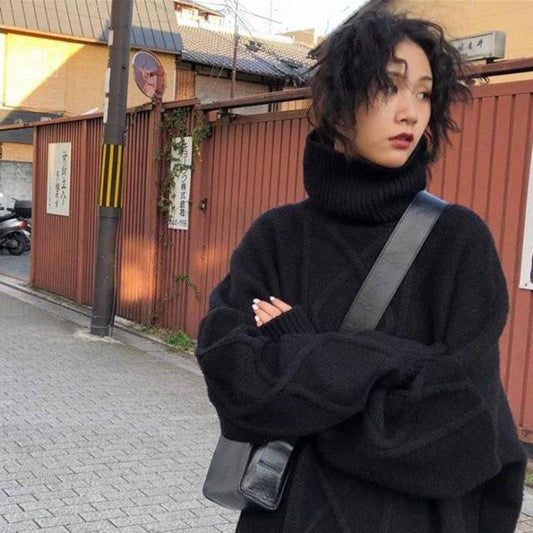 Winter Thick Casual Jacket High Collar Mid-length Tops Fashion Simple Female Student Sweater