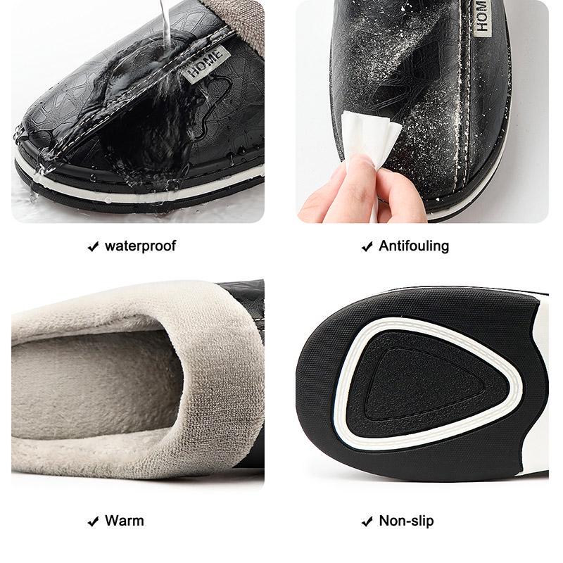 Women's Slippers Leather Winter Windproof Warm Plush Memory Foam Home Slippers for Men House Shoes Plus Size