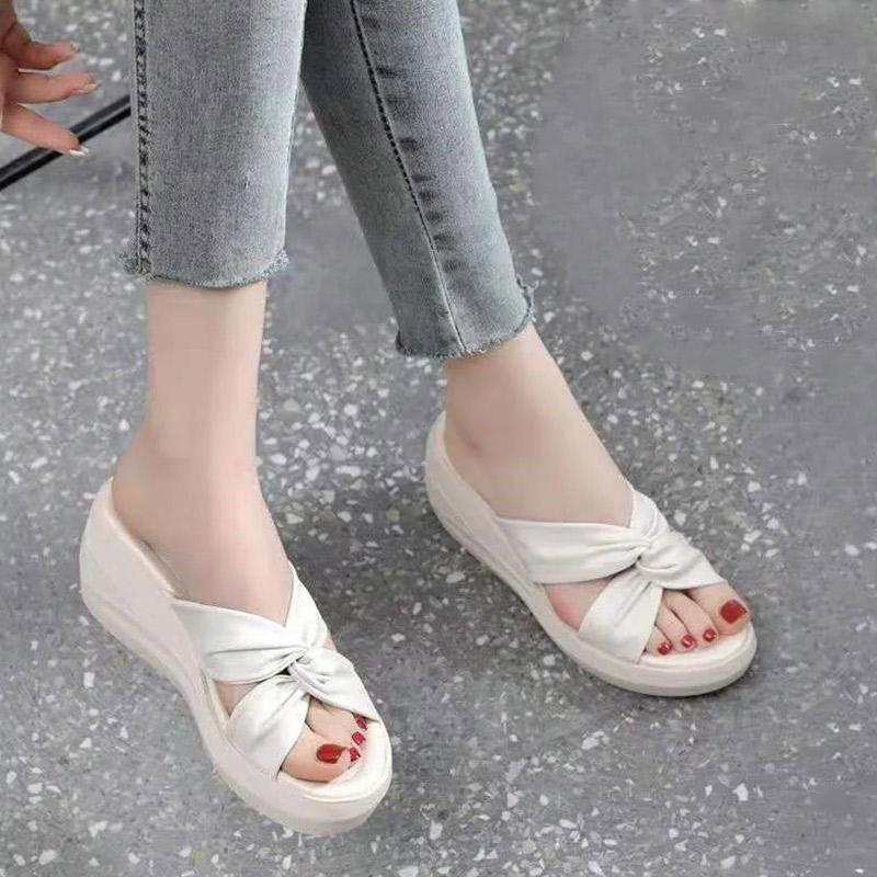 Leather Wedge Slippers Ladies Thick Sole Outer Wear Fashion Summer Flip High Heel Beach Sandals