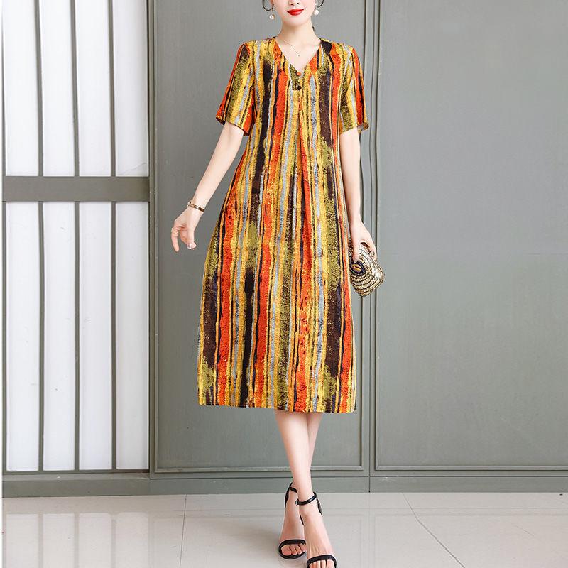 Loose Plus Size XL-XXXXXL Cotton Short-sleeved A-line V-neck Ruffle Dress Summer Printing Calf-length Skirt