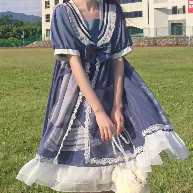 Lolita Style Harajuku Gothic Bandage Sweet Sailor Collar Bow Flare Sleeve Lace Dress Kawaii Ruffles Girl Cosplay Japanese Dress