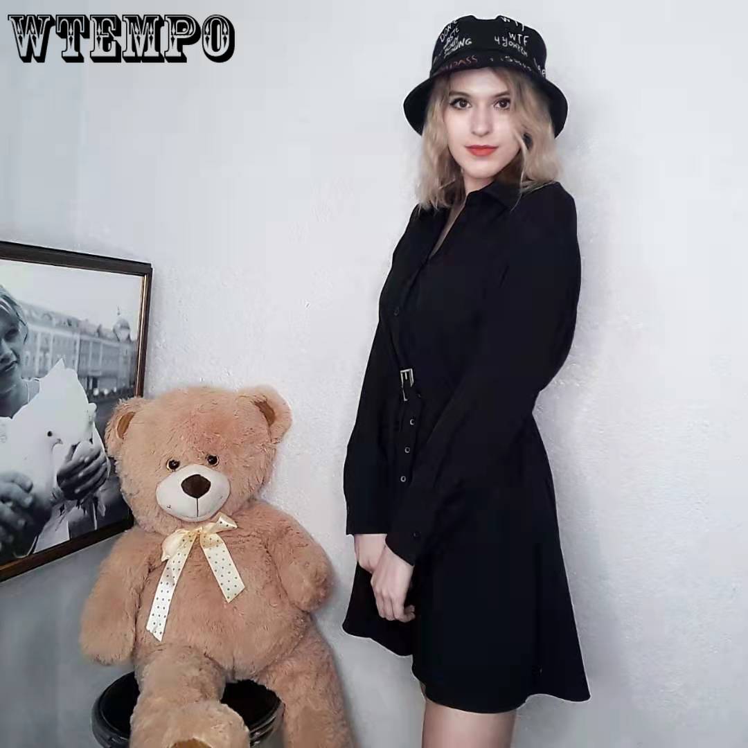 Women Sexy Shirt Dress Slim Single Breasted Long Sleeve Dress OL Style Plus Size Black Dress