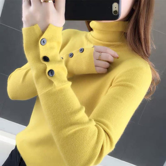 Pofulove Women's Pile Collar Knit Bottoming Shirt Autumn and Winter New Sweater Style High-necked Slim Fit Slim Top