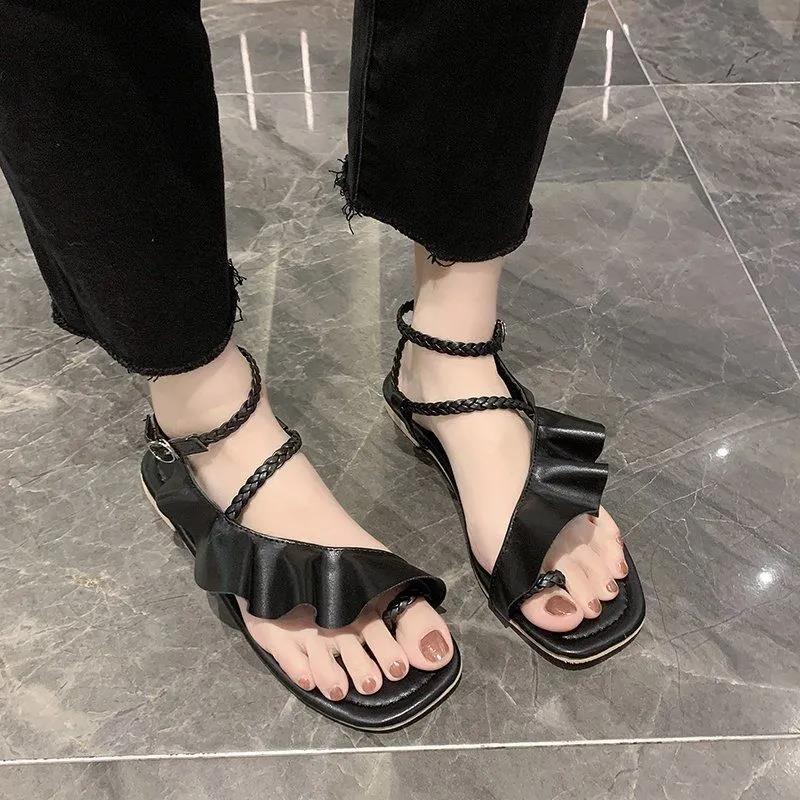 Sandals Women's Large Size Summer Lotus Leaf Fairy Style Flat Bottom All-match Word with Low-heeled Roman Shoes