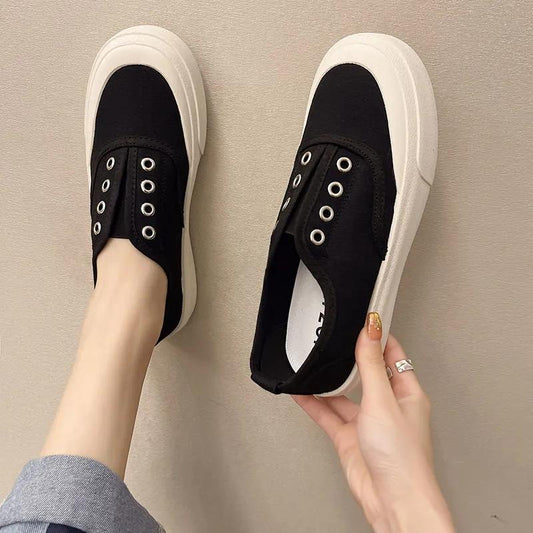 Women's Canvas Shoes Summer Slip-on Flat Shoes All-match Board Shoes Thick-soled Casual Shoes Summer Breathable Flat Sneakers