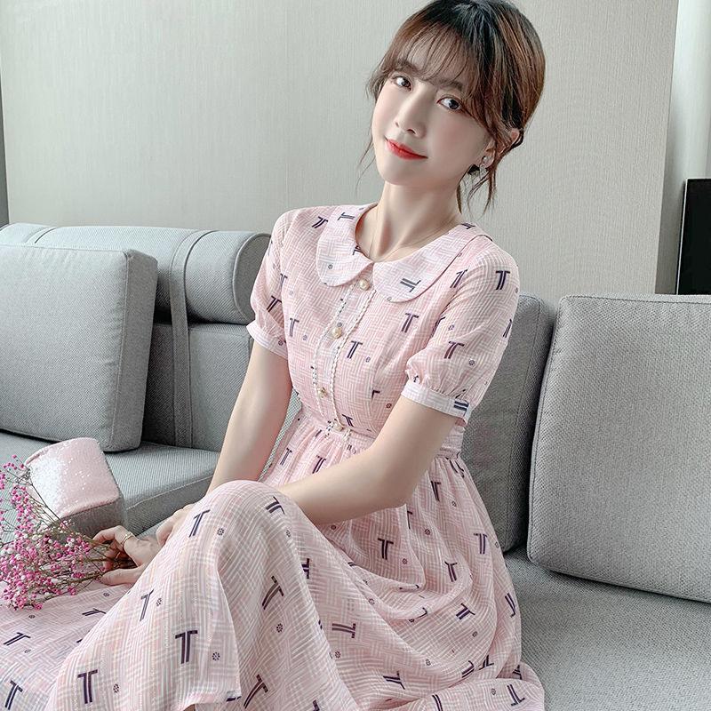 Pink Chiffon Dress Female Summer Can Be Salty Can Be Sweet Temperament Was Thin A-line Skirt Ladies Mid-length Dress