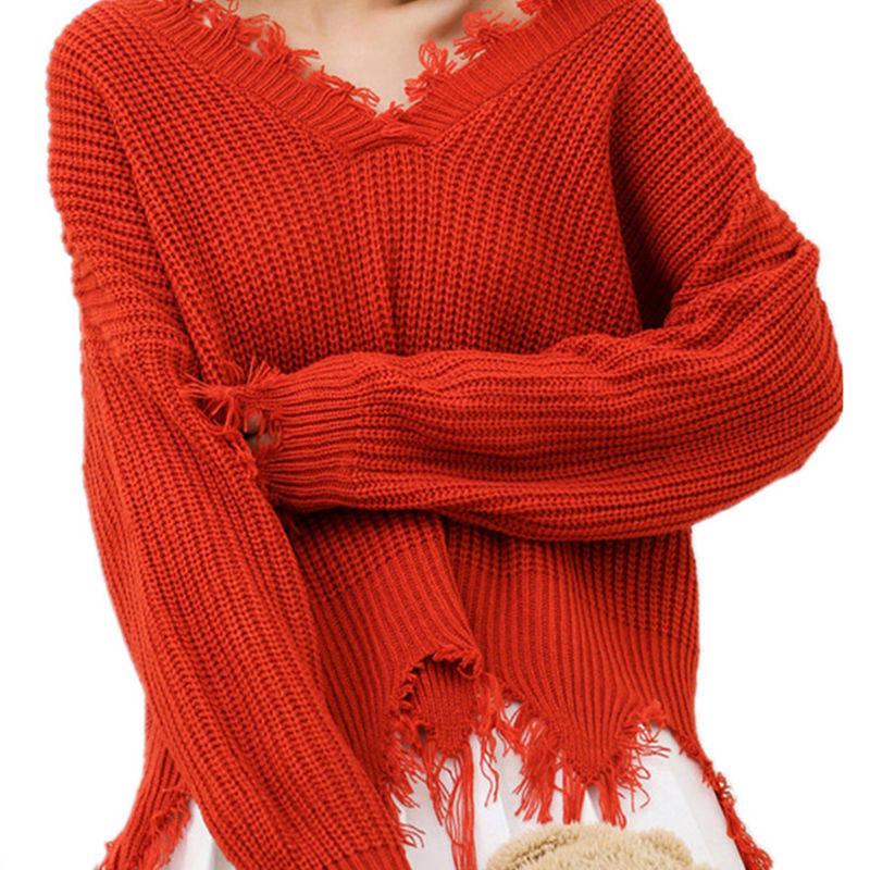 Loose Casual Solid Color Irregular Sweater Fashion Chic Tassel V-neck Long-sleeved Knit Pullover
