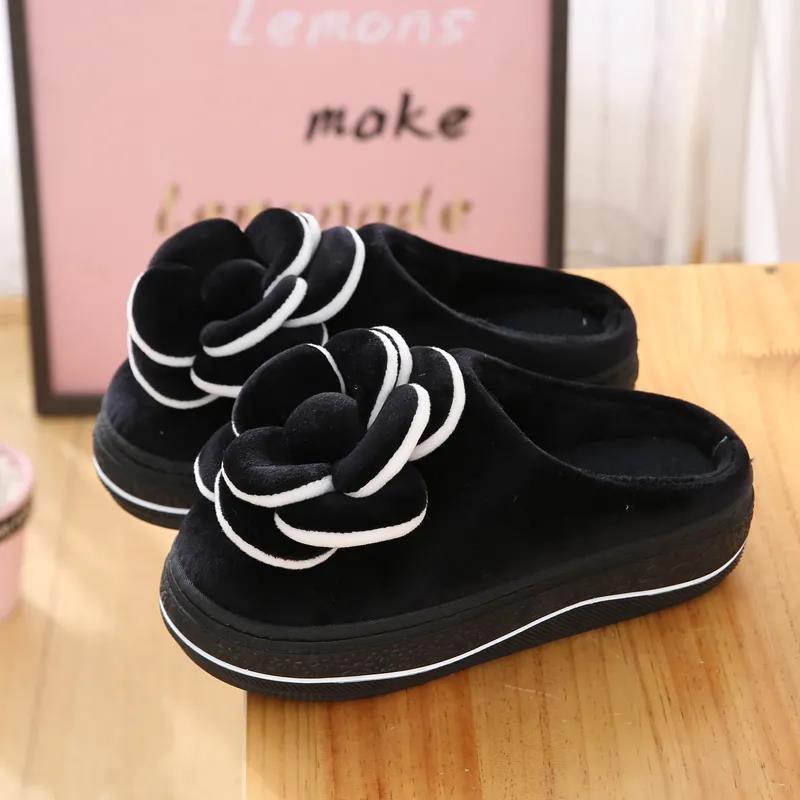 Winter High-heeled Cotton Slippers with Bow Female Cute Princess Style Plus Velvet Home Shoes Thickened Indoor Confinement Shoes