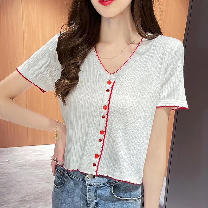 Summer Short Sleeve Women's Solid Color V-neck T-shirt